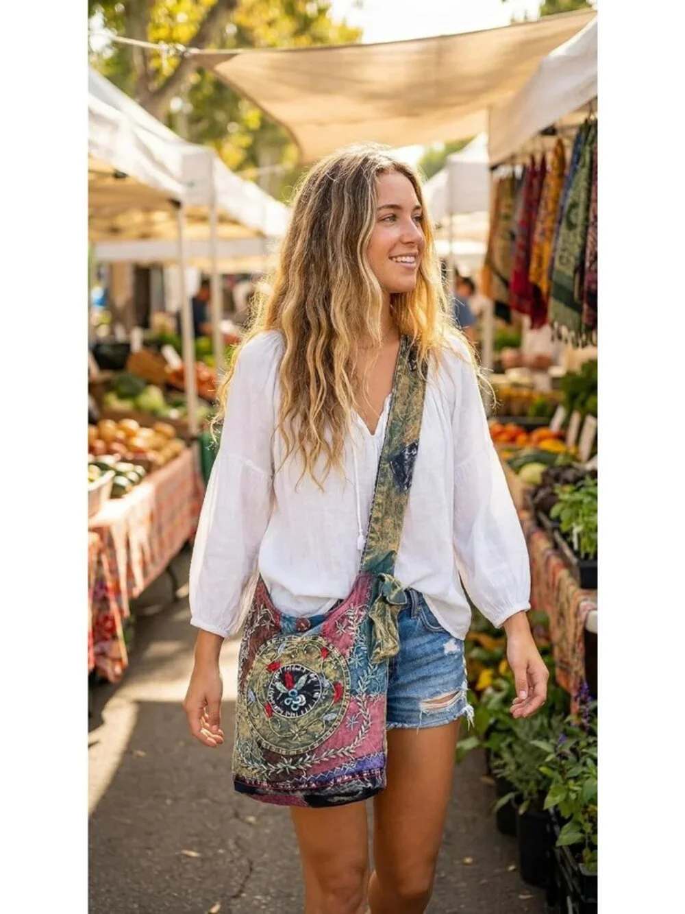 Large Handmade Cotton Jacquard Crossbody Bag - Embroidered Hobo Purse, Top Zip